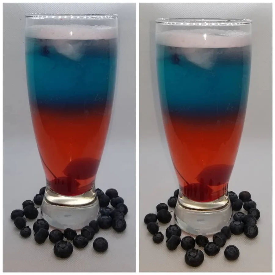 Cotton Candy cocktail with blue and red layers shown in two side-by-side views
